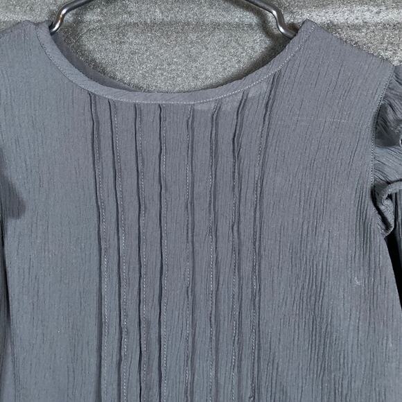 LOFT Womens Blouse Black Pleated Front 3/4 Flared Sleeve Ruffles Stretch Small - Picture 2 of 14